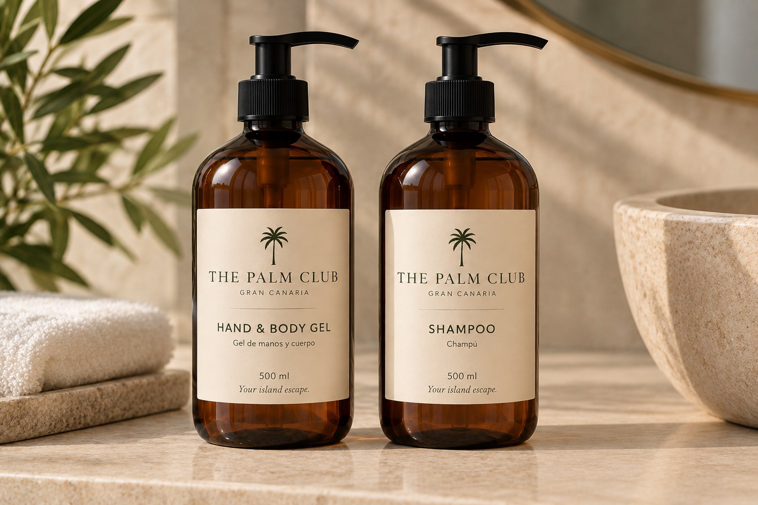 The Palm Club bathroom amenities: hand and body gel and shampoo