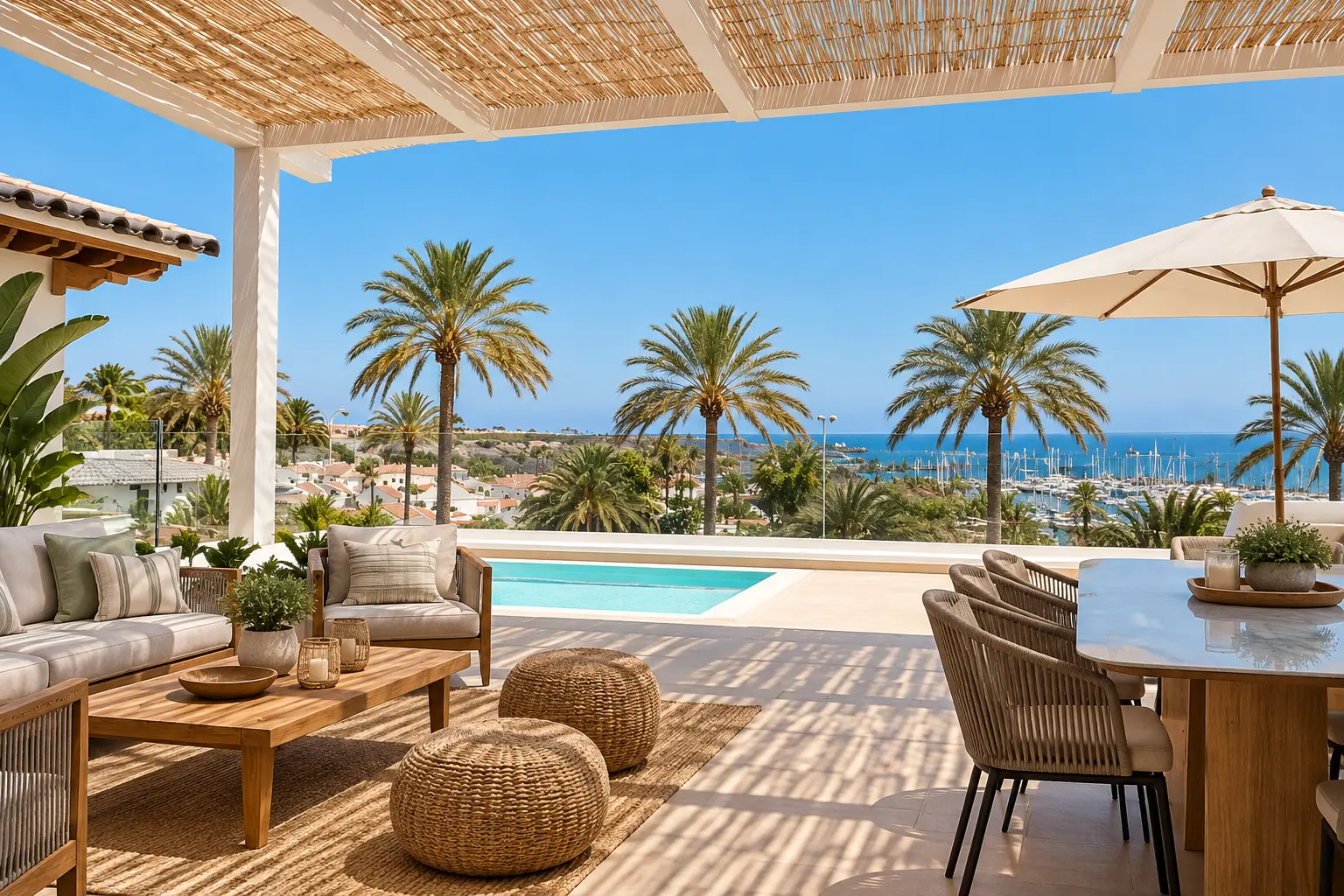 Shaded terrace of a home in south Gran Canaria, with a swimming pool and the marina and ocean beyond
