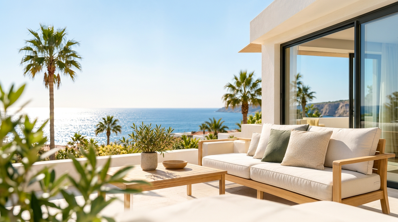 Terrace at a home in south Gran Canaria, looking out over palm trees to the Atlantic Ocean