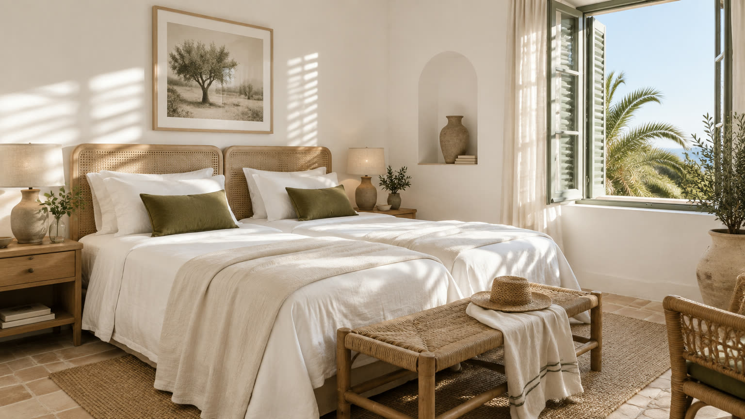 Bright guest bedroom with white linen