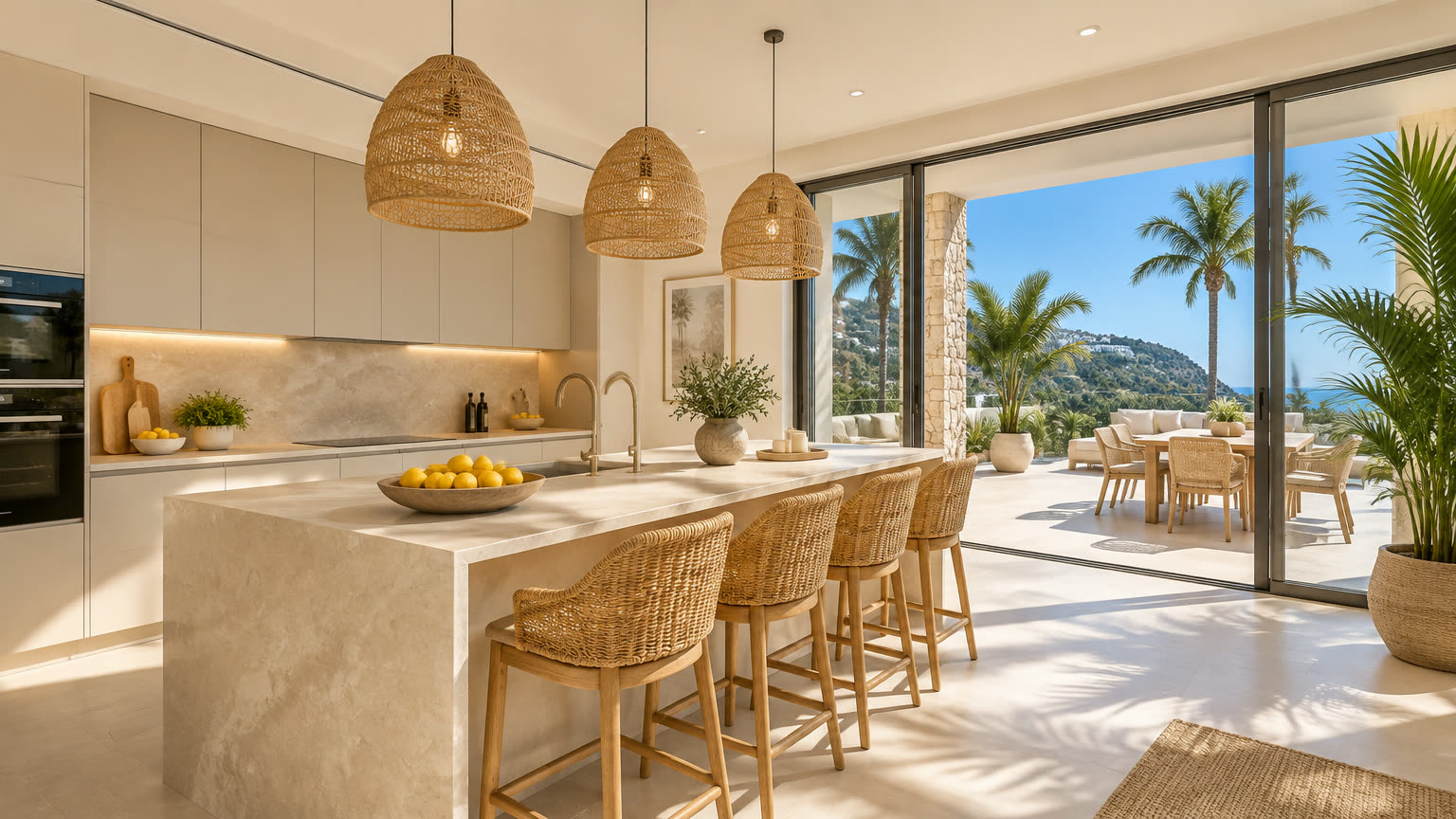 Kitchen with rattan pendants