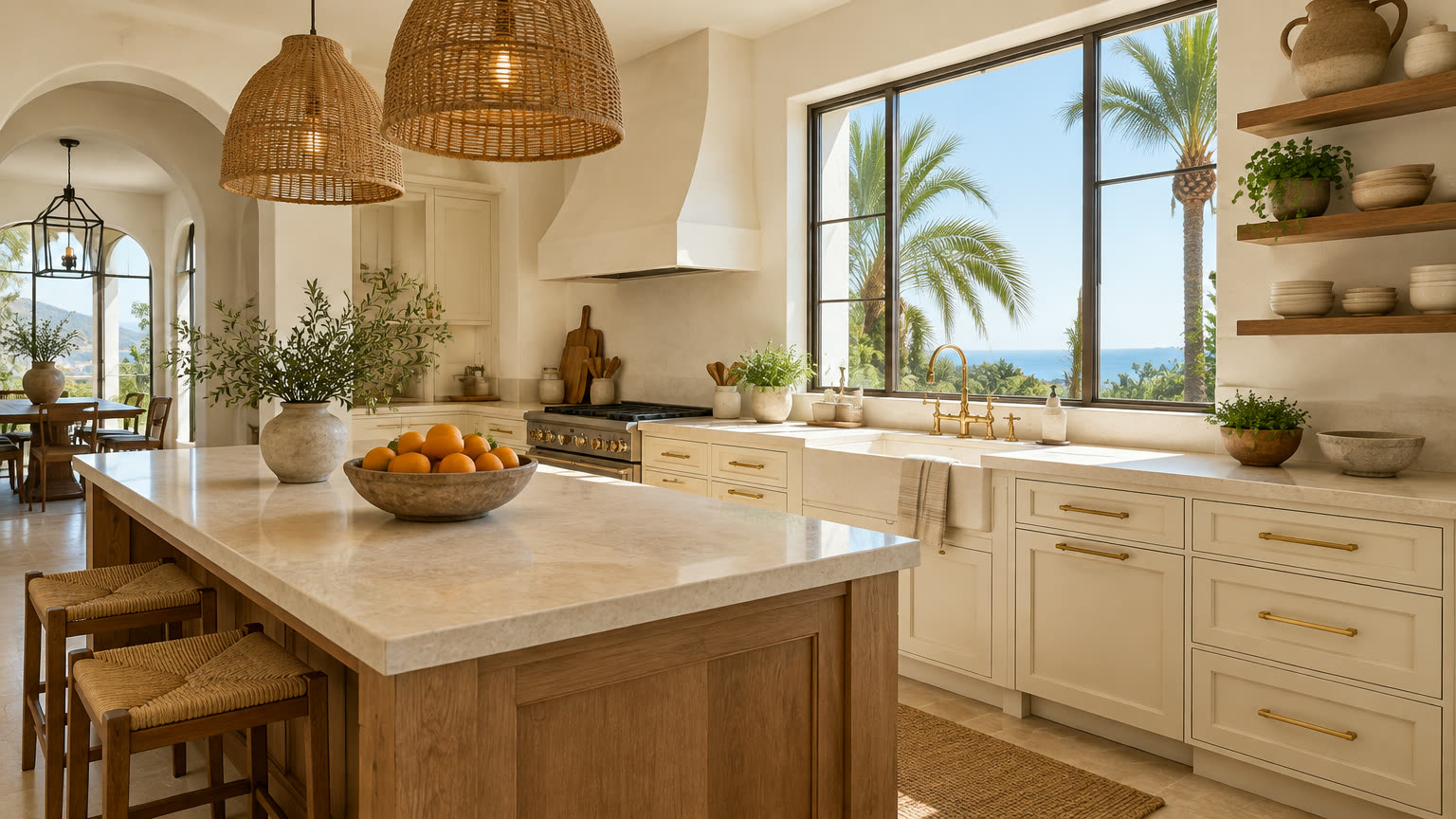 Kitchen with a palm-framed window