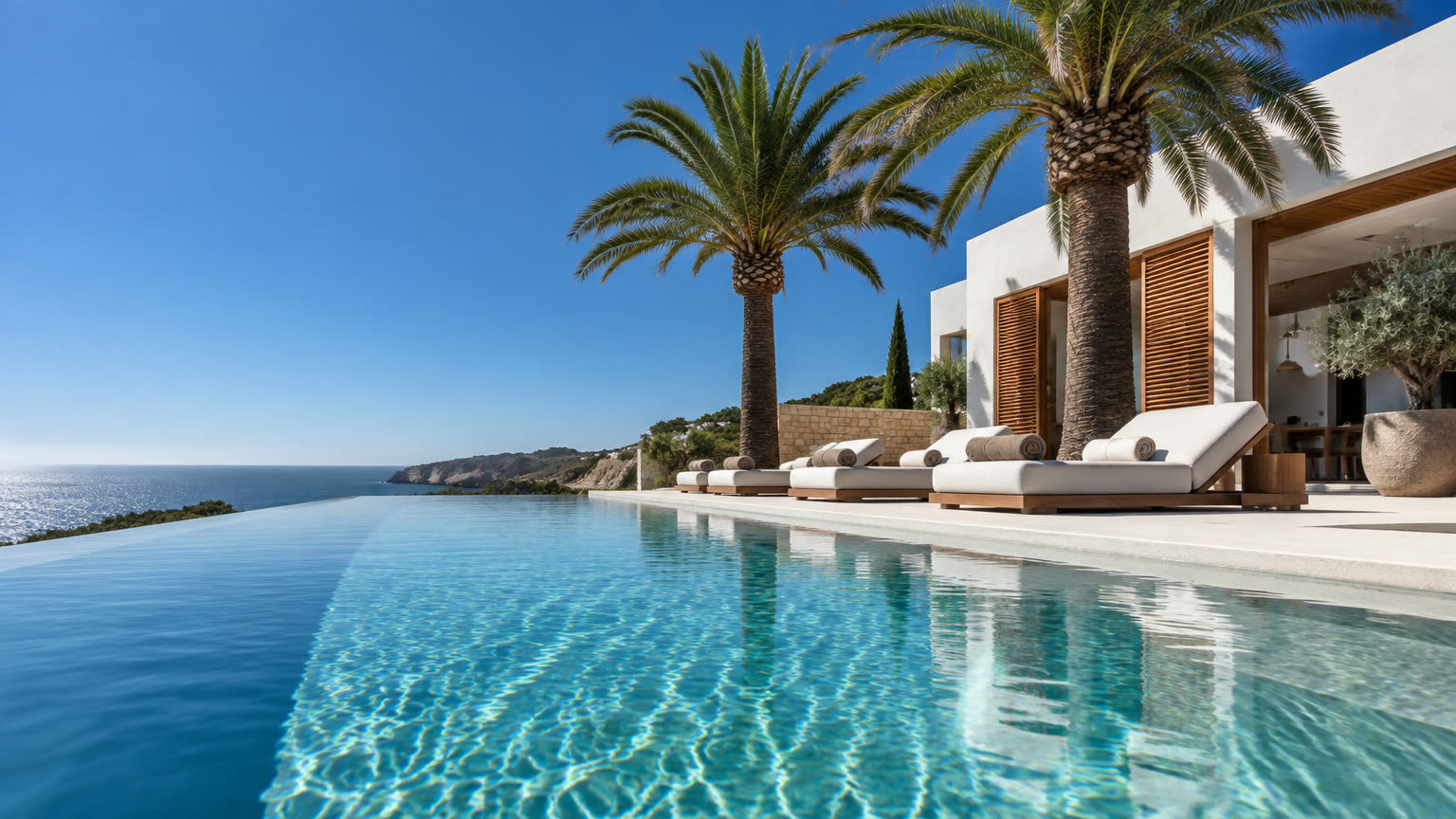 Infinity pool with sun loungers and palm trees