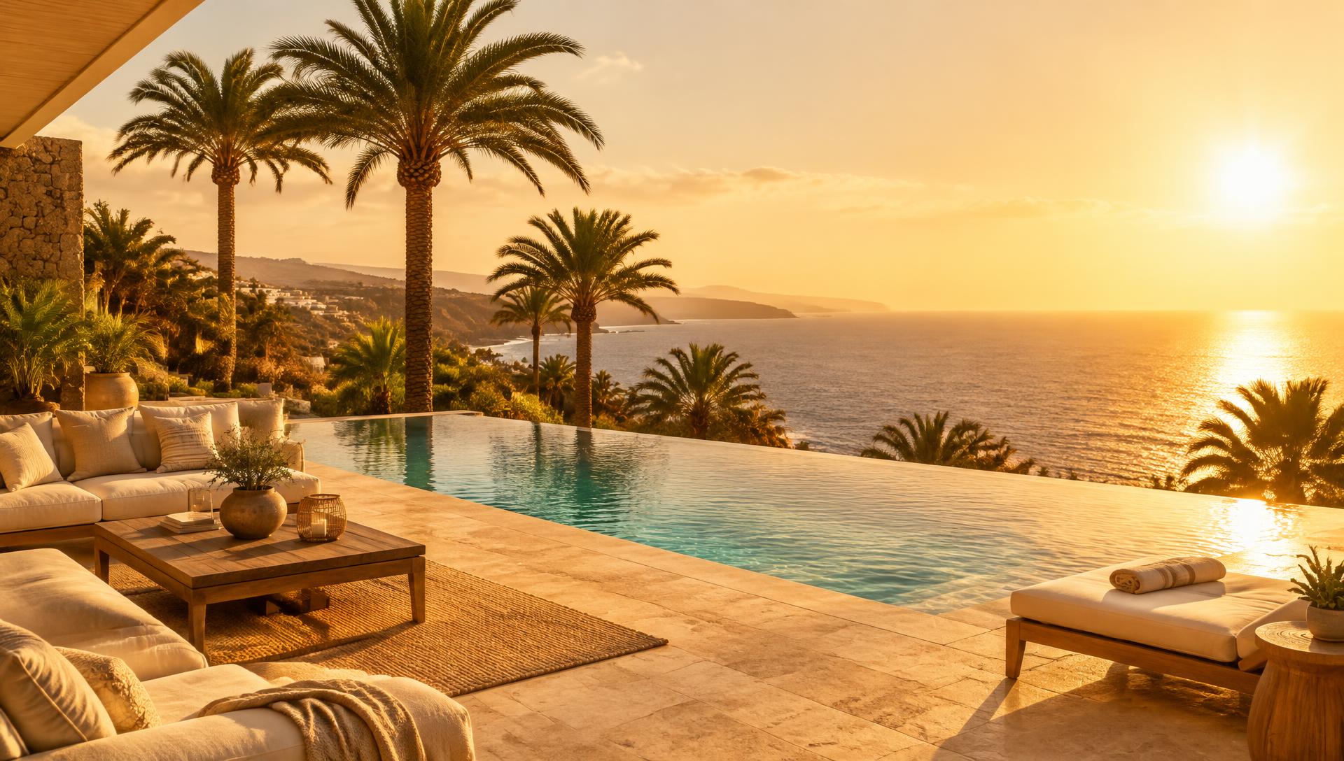 Modern home with infinity pool and palm trees overlooking the Atlantic in the south of Gran Canaria
