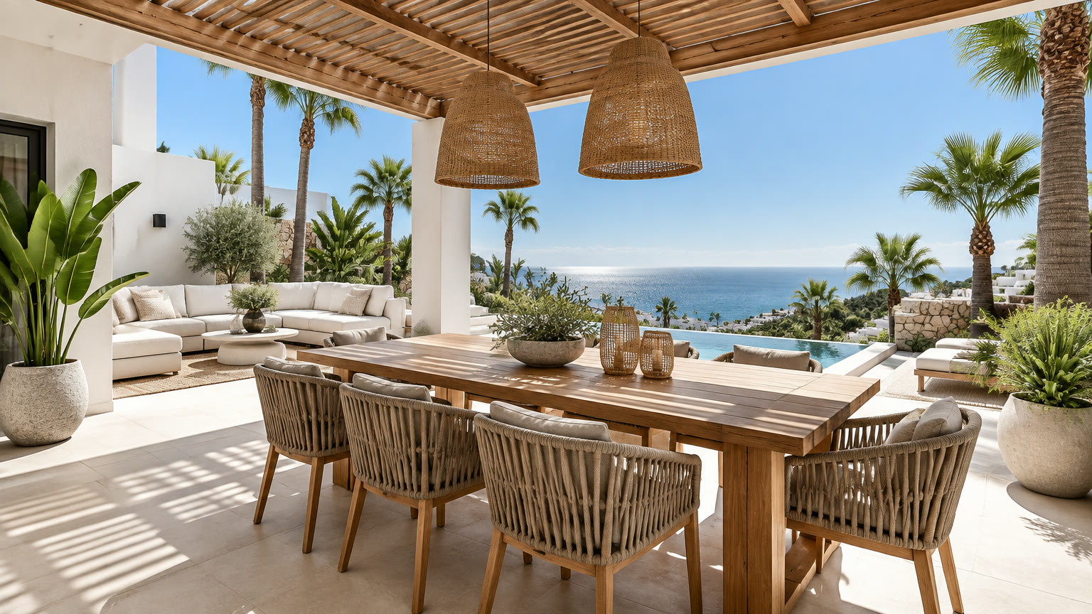 Terrace with outdoor dining overlooking the sea